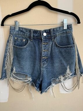 Rhinestone Fringe Distressed Denim Shorts - Blue